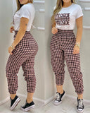 Houndstooth Short Sleeve Top & High Waist Pants Set