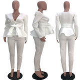 Peplum Ruffles Bow Tie Tops and Pencil Pants Suit