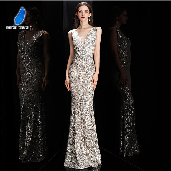 Elegant V Neck Sequin Evening Dress