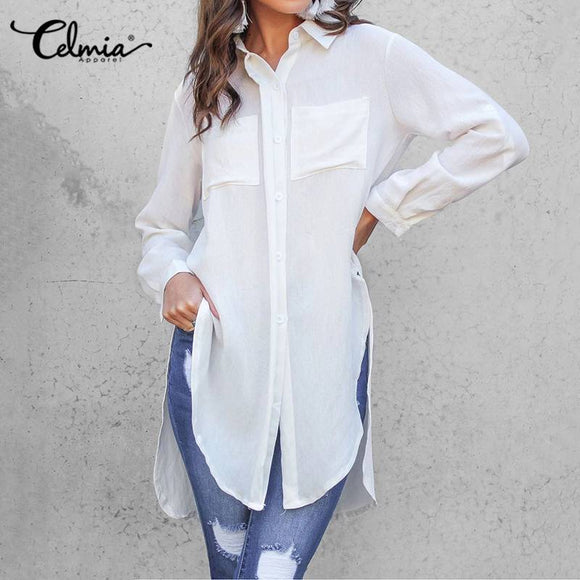 Lapel Asymmetrical Split Long Tunic Top