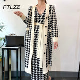 V-neck Long Knitted Sweater Cardigan Houndstooth Vest Dress