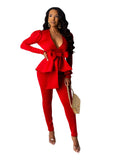 Peplum Ruffles Bow Tie Tops and Pencil Pants Suit