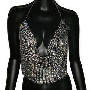 Rhinestone Backless Glitter Evening V Neck Diamonds Metal Tank Top