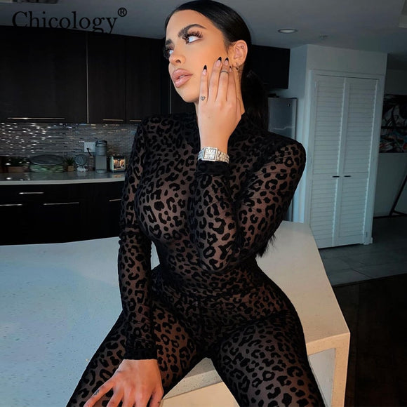 Leopard Mesh Long Jumpsuit