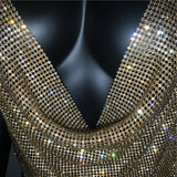 Rhinestone Backless Glitter Evening V Neck Diamonds Metal Tank Top