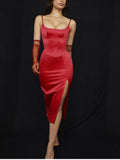 Satin Spaghetti Strap Cut out Split Dress