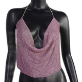 Rhinestone Backless Glitter Evening V Neck Diamonds Metal Tank Top