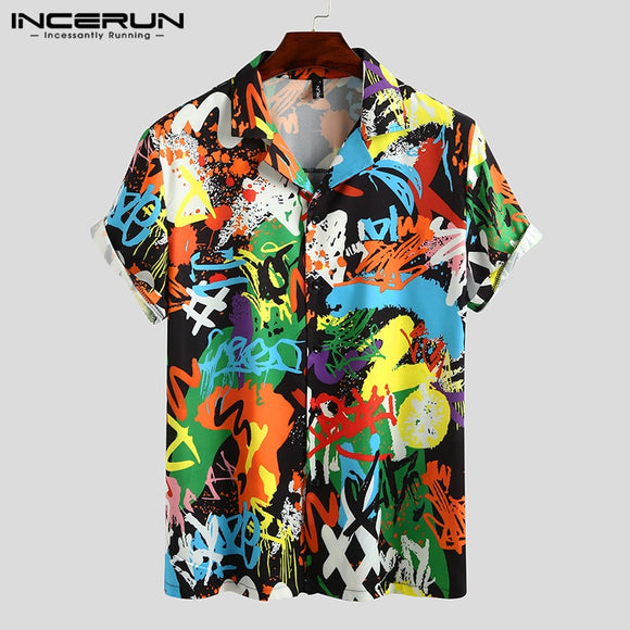 Mens Print Short Sleeve Turn-down Collar Shirt