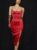 Satin Spaghetti Strap Cut out Split Dress