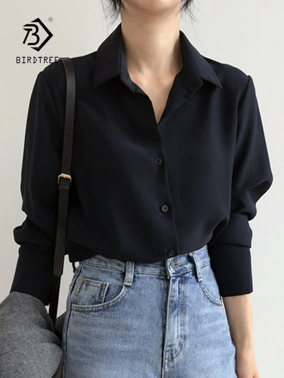 Solid Black Chiffon Blouse Long Sleeve Chic Top