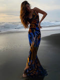 Cowl Neck Spaghetti Strap Backless Print Beach Dress