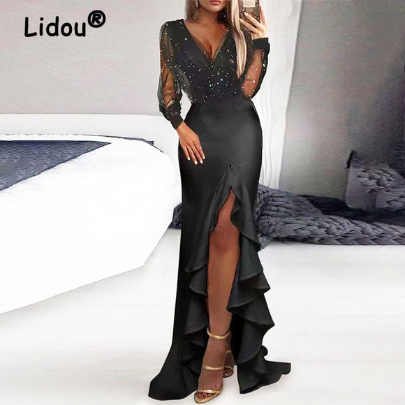 Long Sleeve Deep V-neck Sexy High Slit Ruffles Elegant Dress