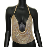 Rhinestone Backless Glitter Evening V Neck Diamonds Metal Tank Top