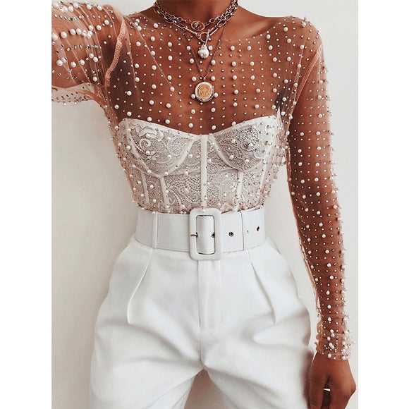 Mesh Patchwork Diamonds Pearl  Top