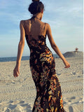 Cowl Neck Spaghetti Strap Backless Print Beach Dress