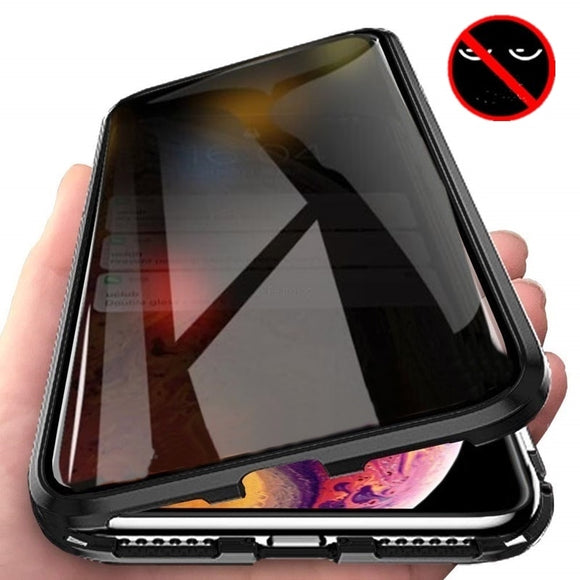 Magnetic Tempered Glass Privacy Metal Case For iphone 14 13 12 XR 11 Pro MAX X 7 8 6 6S- Black