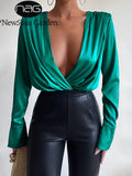 Satin Low Cut V Neck Shoulder Pads Long Sleeve Blouse