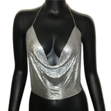 Rhinestone Backless Glitter Evening V Neck Diamonds Metal Tank Top