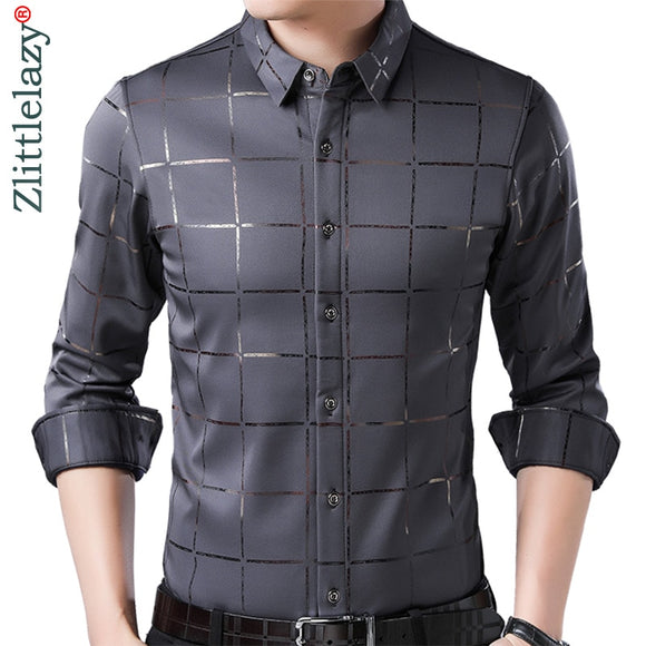 Plaid Long Sleeve Slim Fit Dress Shirts- Men