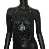 Rhinestone Backless Glitter Evening V Neck Diamonds Metal Tank Top