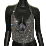 Rhinestone Backless Glitter Evening V Neck Diamonds Metal Tank Top