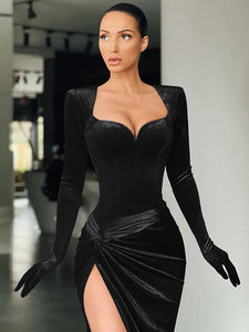 Cryptographic Elegant Gloves Sleeve Velvet Ruched Dresses