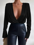 Satin Low Cut V Neck Shoulder Pads Long Sleeve Blouse