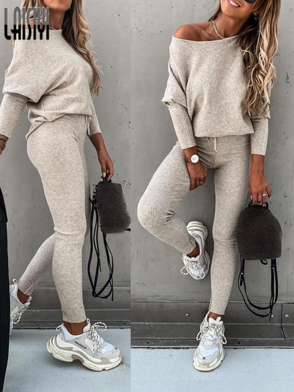 Solid Knitted Sweater Suit Casual Drawstring Skinny Pant Sets