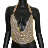 Rhinestone Backless Glitter Evening V Neck Diamonds Metal Tank Top