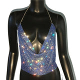 Rhinestone Backless Glitter Evening V Neck Diamonds Metal Tank Top