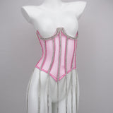 Halter Top Sequined Rhinestone Vest Suspenders Transparent Lace Corset