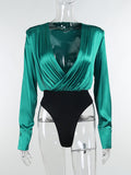 Satin Low Cut V Neck Shoulder Pads Long Sleeve Blouse