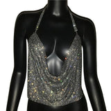 Rhinestone Backless Glitter Evening V Neck Diamonds Metal Tank Top