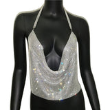 Rhinestone Backless Glitter Evening V Neck Diamonds Metal Tank Top