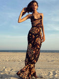 Cowl Neck Spaghetti Strap Backless Print Beach Dress