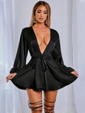 Satin Deep V-neck Long Lantern Sleeve Belt Bow Mini Dress