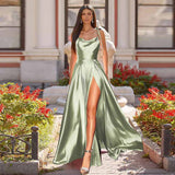 Spaghetti Strap Satin Dress Long Elegant Mint Green Backless A-line Maxi Evening Party Gown