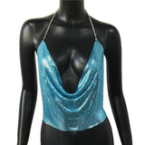 Rhinestone Backless Glitter Evening V Neck Diamonds Metal Tank Top