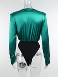 Satin Low Cut V Neck Shoulder Pads Long Sleeve Blouse