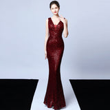 Elegant V Neck Sequin Evening Dress