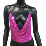 Rhinestone Backless Glitter Evening V Neck Diamonds Metal Tank Top