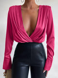 Satin Low Cut V Neck Shoulder Pads Long Sleeve Blouse