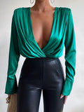 Satin Low Cut V Neck Shoulder Pads Long Sleeve Blouse