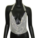 Rhinestone Backless Glitter Evening V Neck Diamonds Metal Tank Top