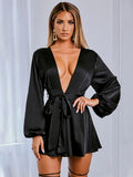 Satin Deep V-neck Long Lantern Sleeve Belt Bow Mini Dress