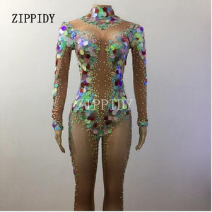 Multicolor Sequins Rhinestones Mermaid Jumpsuit Dance Costume