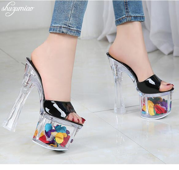 Flower 4 Color Transparent Platform Dancer Heels 17cm