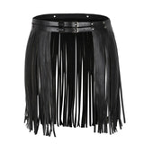 Adjustable Faux Leather Waistband Fringe Tassel Belt Skirt