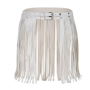 Adjustable Faux Leather Waistband Fringe Tassel Belt Skirt