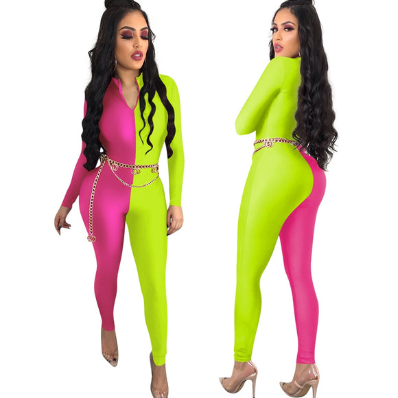 Fluorescent Color Long Sleeve Patchwork Streetwear Jumpsuit